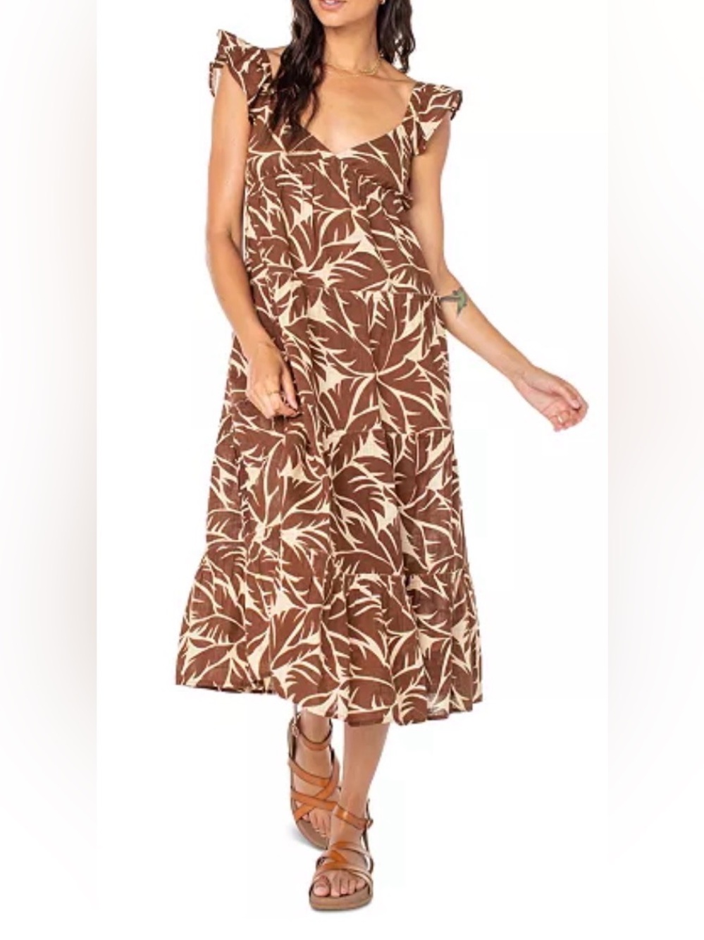 Roxy Women's Palmy Days Cotton Printed Tiered Midi Dress Brown/Cream XS